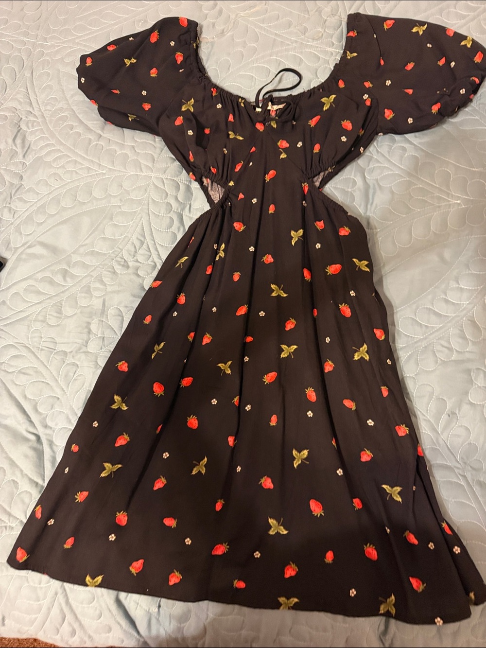 Women’s Black Strawberry Print Puff Sleeve Dress open sides, pockets both sides